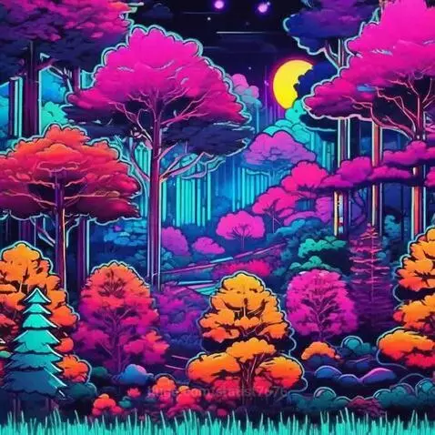 Stylized neon forest at night with pink, orange, yellow, and blue trees under a yellow moon, with rain.