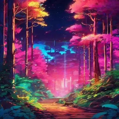 Dreamy neon forest at night with vibrant pink and yellow trees and glowing ethereal light.