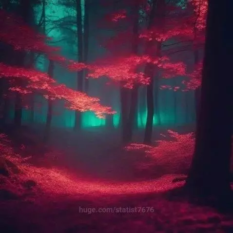 A fantastical forest with glowing teal light in the background and red trees in the foreground.