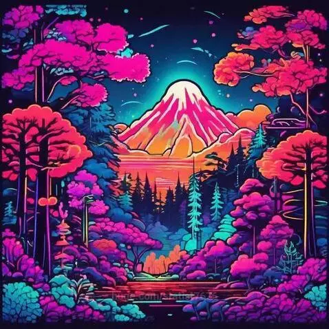 Stylized neon forest with a glowing pink and orange mountain under a starry sky, reflecting in calm water.