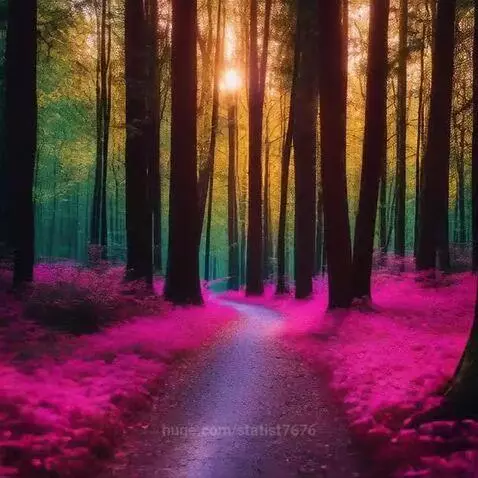 A surreal neon forest path with glowing pink and magenta foliage and golden light filtering through dark trees.