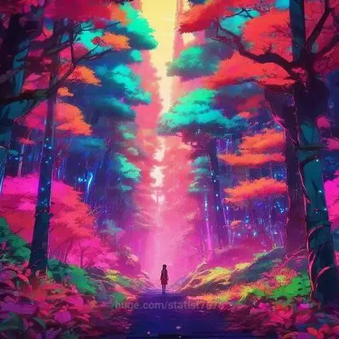 A person walks down a glowing pink path through a vibrant, neon-colored forest with saturated pink, purple, blue, and green hues.