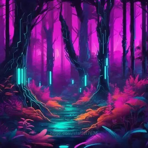 A vibrant neon forest at night with glowing cyan trees and a reflective stream in purple and blue hues.