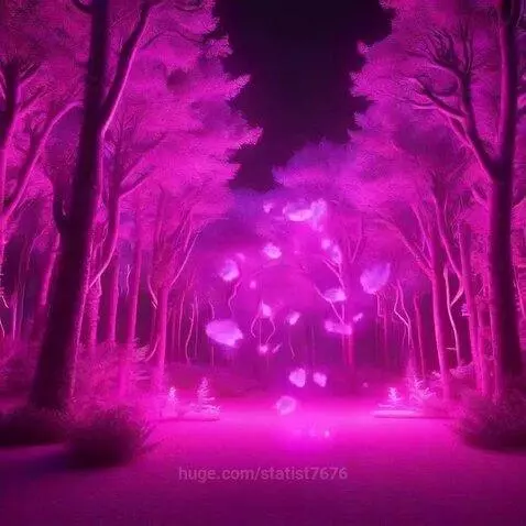 A fantastical neon forest at night with glowing pink and purple trees and a rainbow portal.