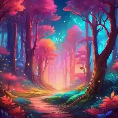 Animated magical forest with neon pink, purple, and blue trees and a glowing path, with small flying fairy creatures.