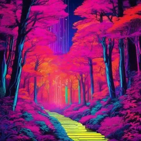 Digitally rendered neon forest with glowing pink, orange, and blue trees and a yellow-green path.
