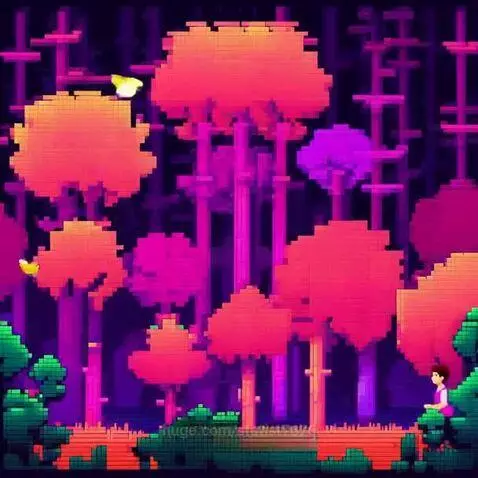 Pixel art forest rendered in neon pink, purple, orange, and green, with a character walking and a bird flying.