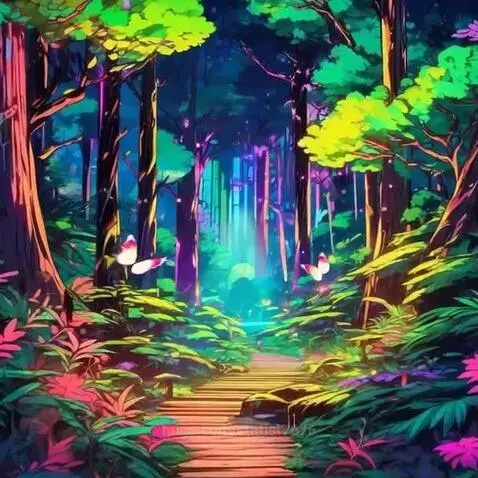 Animated neon forest with glowing trees, a wooden path, and pink and white butterflies.