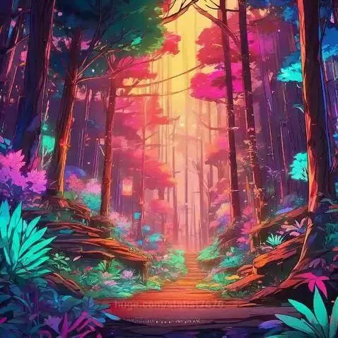 Digitally painted neon forest with glowing pink, purple, and green trees and teal, magenta, blue plants.