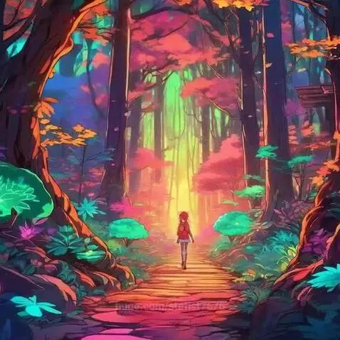 A person walks down a stone path through a fantastical forest with tall, glowing trees in vibrant pink, purple, blue, green, and orange.