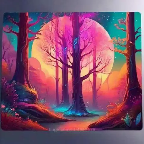 Digital painting of a neon forest at night with glowing trees, a large moon, and reflections in water.