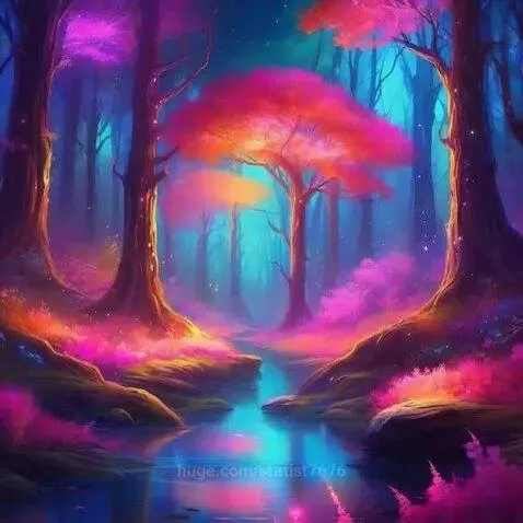 Fantasy forest scene with glowing pink and purple trees and a luminous blue stream.
