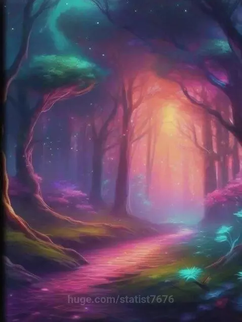 A vibrant, fantastical forest scene illuminated with neon pink, purple, blue, and green glowing trees and a luminous path.