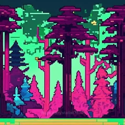 A pixel art forest scene with tall, stylized trees in neon pink, purple, and blue against a glowing mint green background.