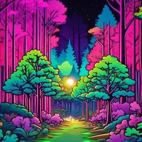 Stylized neon forest with colorful trees, a glowing path, and a distant orb under a starry sky.