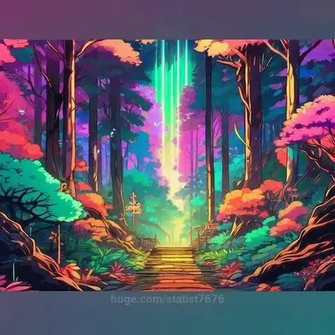 Animated neon forest with colorful trees, a winding stone path, and a bright glowing light in the distance.