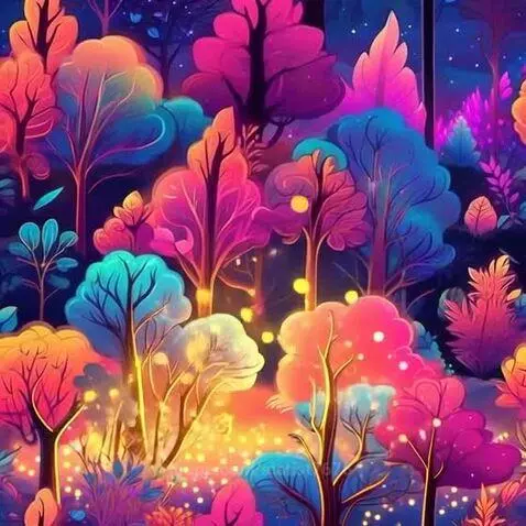 A magical, neon-colored forest at night with glowing trees and sparkling lights.
