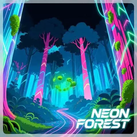 Animated neon forest at night with glowing pink and blue trees and a winding path.