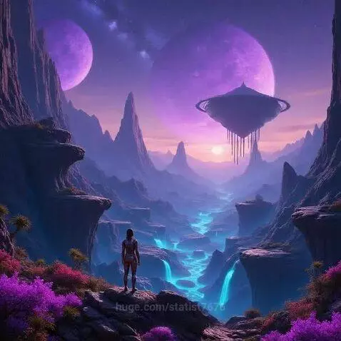 Alien landscape at dusk with purple mountains, glowing river, two large planets, and a UFO hovering.