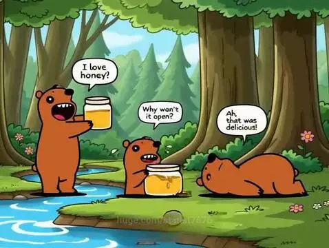 Three cartoon brown bears in a forest, one holding a jar of honey, another struggling to open one, and the third looking content.