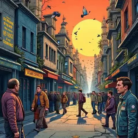 Cartoon city street at sunset with people, shops, and a bright yellow sun in an orange sky.