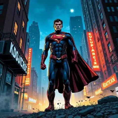 Superman in his iconic suit stands heroically on a city street at night, with neon lights and a dark sky.
