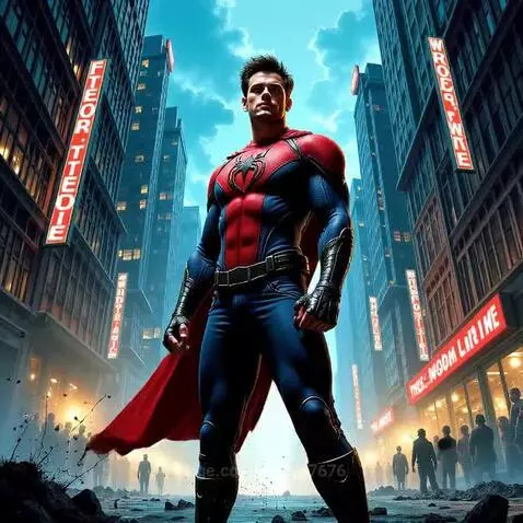 Superhero in red and blue suit with spider emblem and red cape standing in a city street.