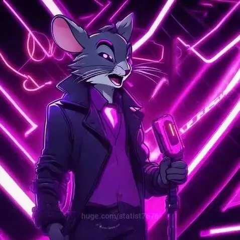 Anthropomorphic mouse-like character with grey fur, holding a microphone on a neon pink and purple stage.