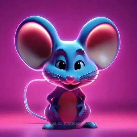 A cute, stylized blue and purple cartoon mouse with large ears and a happy smile, standing against a fuchsia background.