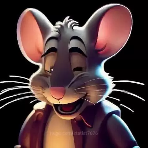 Animated mouse with pink ears, green eyes, and brown jacket, holding a digital camera.