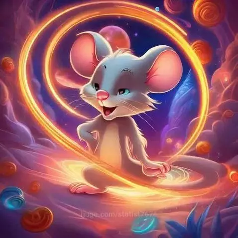 Animated mouse with large pink ears and blue eyes smiling in a magical, colorful celestial background with golden light.