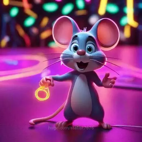 Animated blue mouse with large ears holding a glowing yellow ring in a neon-lit environment.