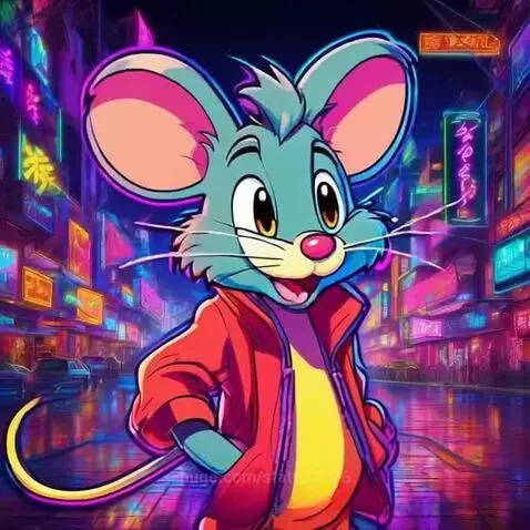 Cartoon mouse with pink ears and yellow eyes, wearing a red bomber jacket, standing in a neon-lit cyberpunk city street at night.