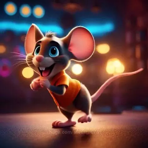 Animated mouse with large pink ears, blue eyes, and an orange shirt with heart buttons, dancing joyfully.