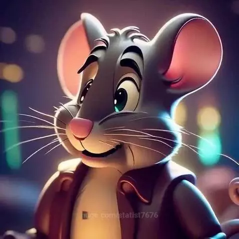 Close-up of a cute 3D animated mouse character with large pink ears and a brown jacket, soft bokeh background.