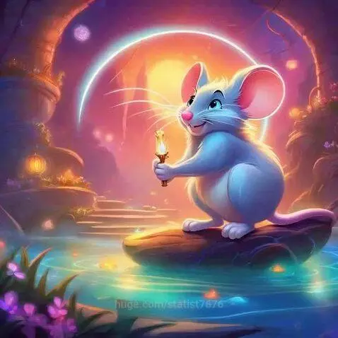 Animated mouse with large pink ears and blue-grey body holding a glowing candle, sitting on a rock in a magical setting.