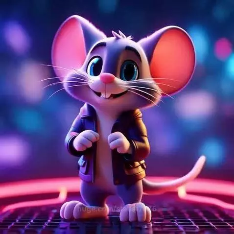 Animated mouse with big ears and a black jacket smiling and gesturing in a glowing, colorful world.