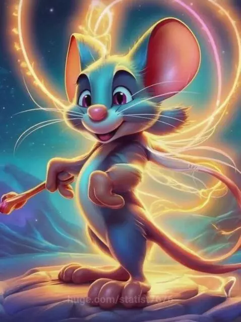 A brightly colored cartoon mouse with large ears, holding a wand, with a magical glowing aura.
