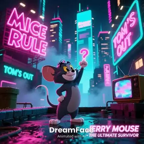 Animated Jerry Mouse smiling in a neon-lit cyberpunk city at night, holding a question mark. Buildings have 'MICE RULE' signs.