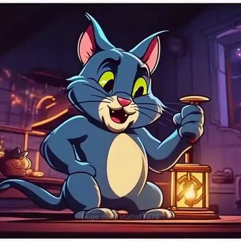 A blue-grey cartoon cat with large yellow eyes and a happy smile holds a glowing golden lantern indoors.