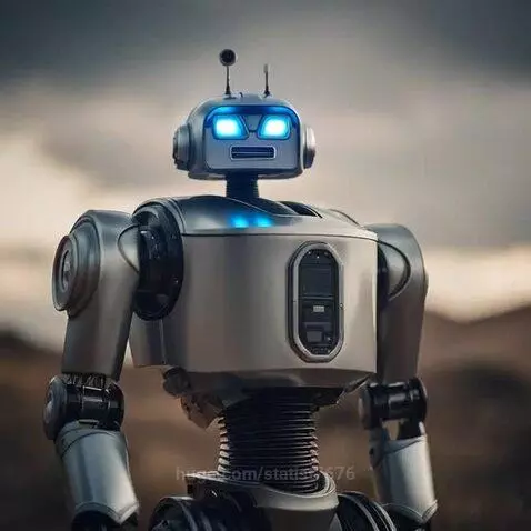 Silver humanoid robot with glowing blue eyes standing in a desolate landscape, extending its arm.