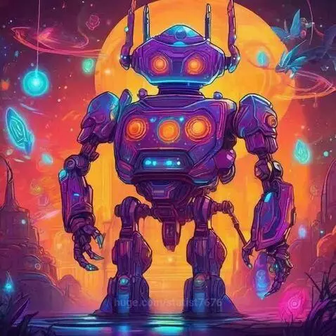 Intricately designed purple and blue robot with orange accents in an alien landscape with glowing crystals and a large orange sun.
