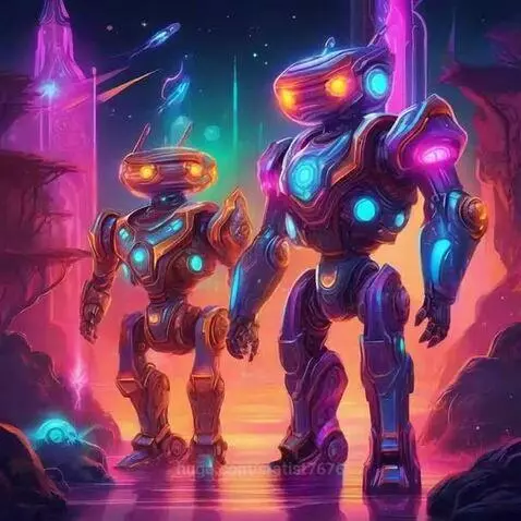 Two glowing robots, one gold and one purple, stand in shallow neon water under a vibrant sky.