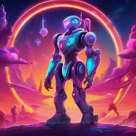Futuristic purple and blue robot with glowing cyan accents stands in a vibrant alien landscape with a large orange ring in the sky.