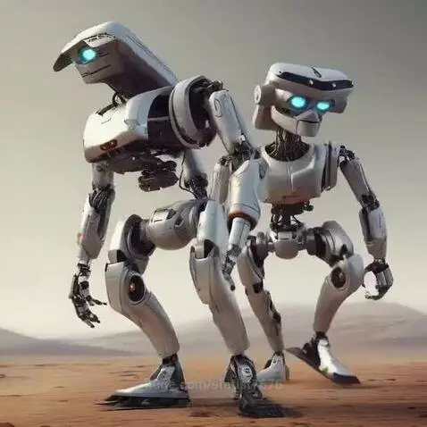 Two white and metallic humanoid robots with glowing blue eyes dancing in a desert.