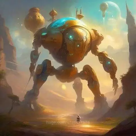 Massive golden spherical robot with blue accents on multiple legs in a desert landscape with rock formations and floating structures.