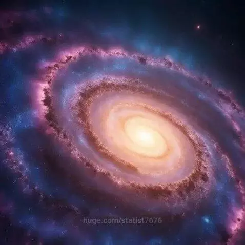 A slowly rotating spiral galaxy with a bright core and colorful nebulae in its arms, set against a dark, star-filled sky.