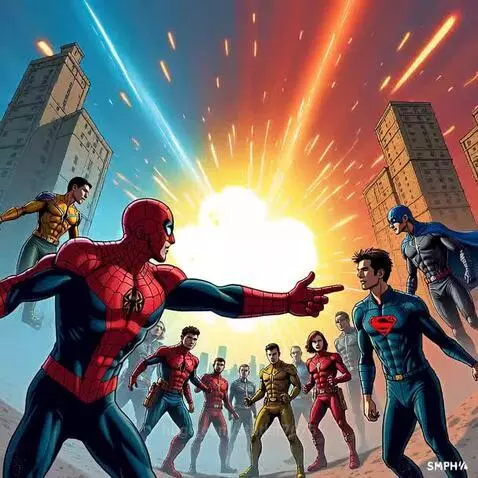 Two superhero teams, led by Superman and Spider-Man lookalikes, clash during a massive explosion with city buildings in the background.