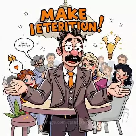 Cartoon man with mustache and red nose in a suit addressing a meeting with a banner and speech bubble.