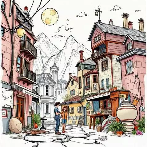 Whimsical European street illustration at night with a couple conversing under a full moon and snow-capped mountains.